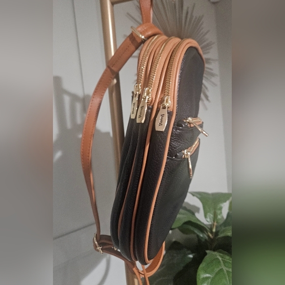 VALENTINA Leather Sling Triple Compartment Bookbag In Black With Tan Trim. - Picture 10 of 16